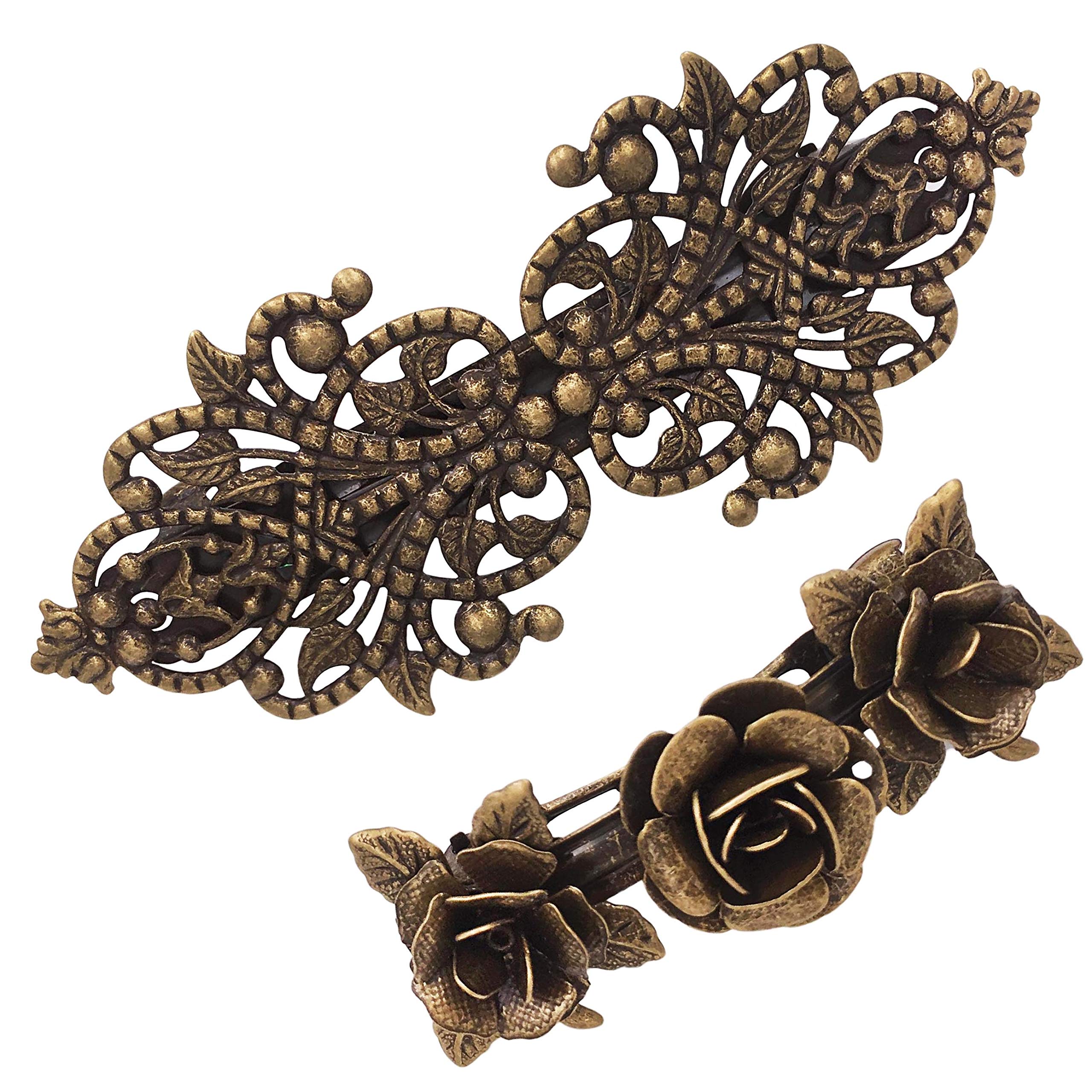 2PCS Retro Vintage Metal French Barrette Clip Hair Clasp Roses Bronze Accessories Women