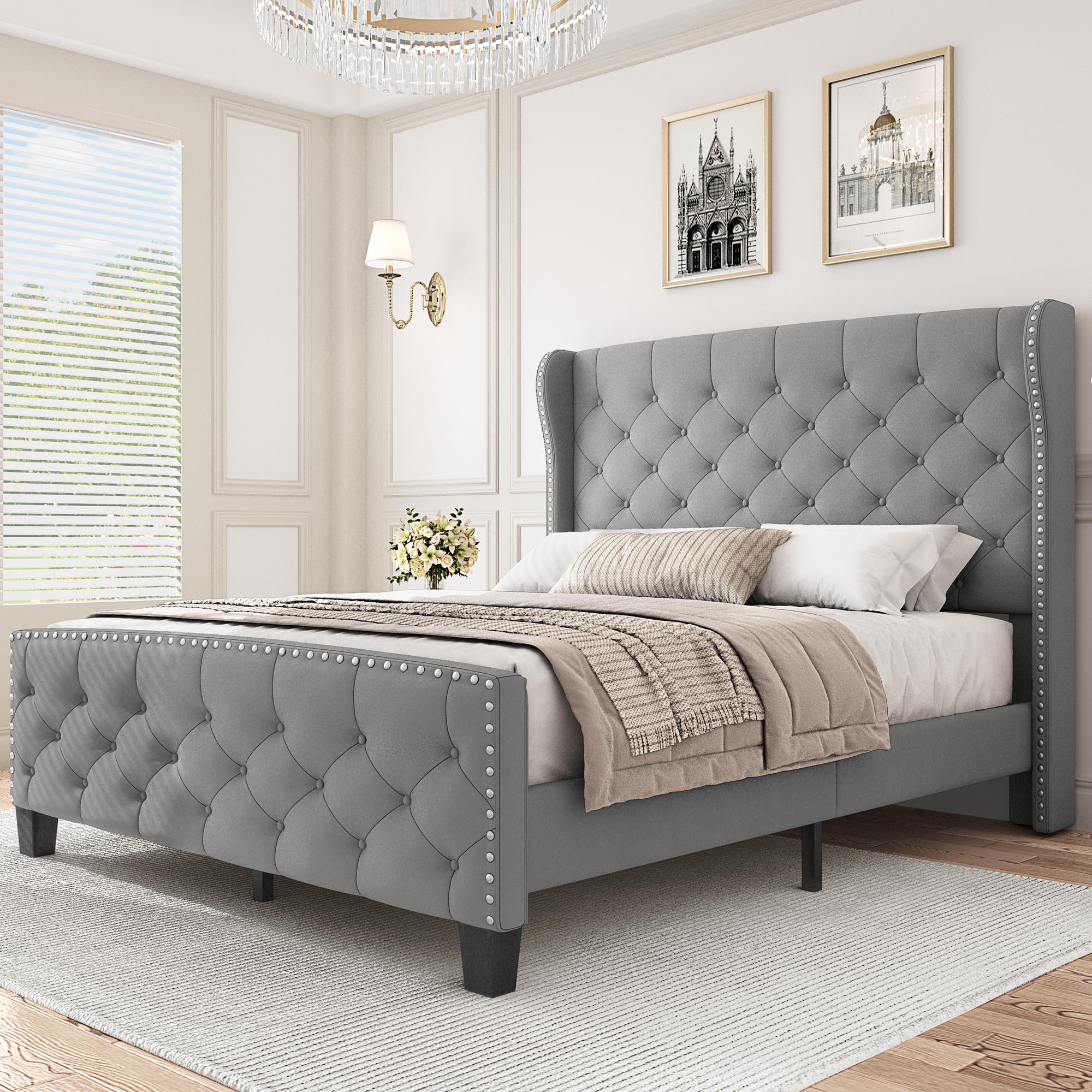 Photo 1 of *** VERY USED/ MSSING PARTS/ UNTESTED***
DWVO Queen Bed Frame with 52" High Headboard, Upholstered Platform Bed Frame with Button Tufting and Nailhead Trims, No Box Spring Needed (Gray)