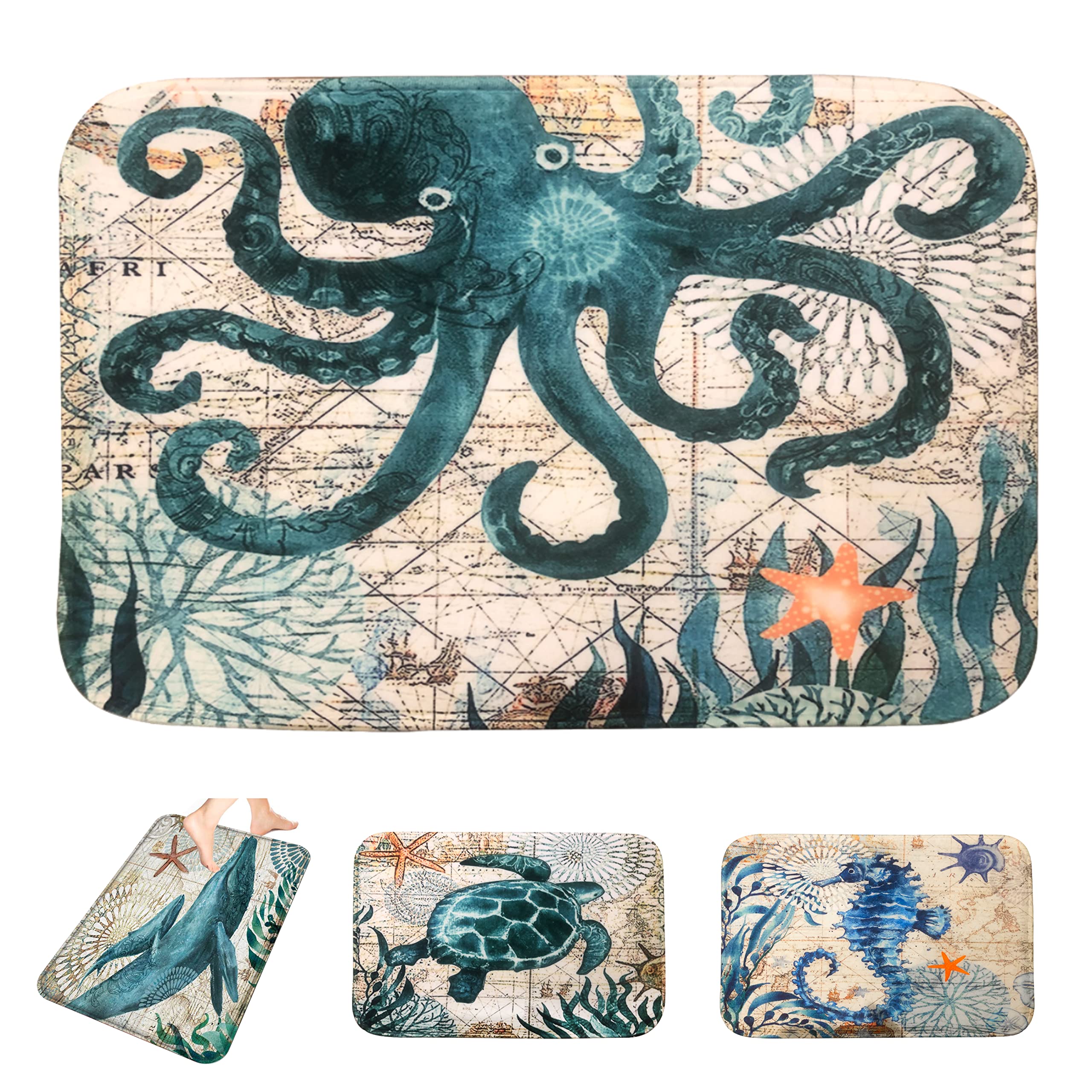 Adalex Global Sea Animals Bath Mat - 40x60cm Bathroom Mat Memory Foam- Non-Slip Cute Bath Mats for Toilet and Shower - Soft and Absorbent Bath Rug (Octopus)