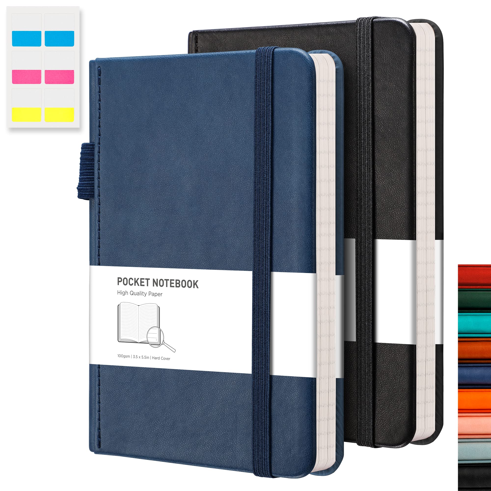 RETTACY Pocket Notebook A6 Mini Notepad 2 Pack Small Hardcover Journal with Content,312 Numbered Pages, 2 Inner Pocket, 100gsm Lined Paper 8.5 x 14 cm - Black Blue