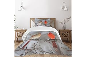 Lunarable Bird Bedspread, Pair of Northern Cardinal Birds on a Tree Ornithology Avian Wildlife Fauna, Decorative Quilted 2 Piece Coverlet Set with Pillow Sham, Twin Size, Vermilion Beige