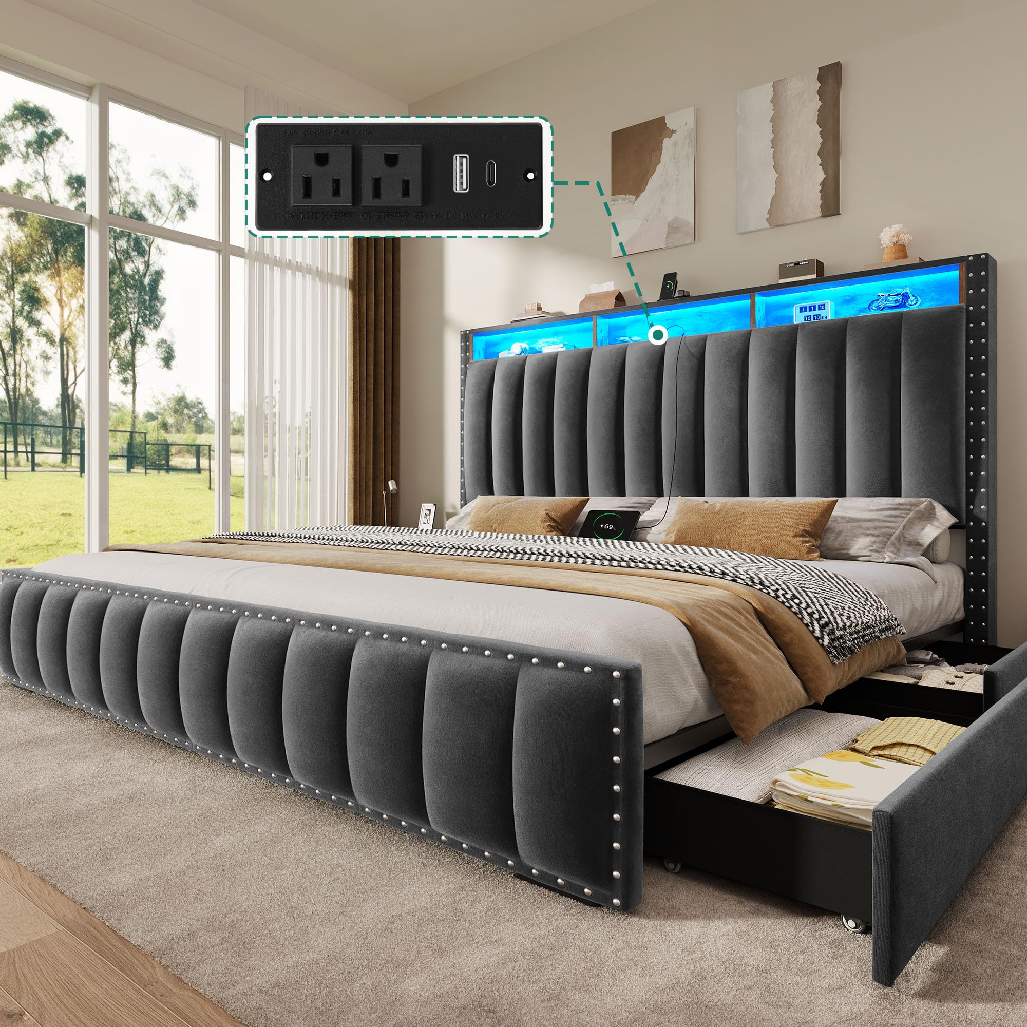 Photo 1 of ***BOX 1 OF 2 - MISSING 2 OF 2, SELLLING AS IS PARTS ONLY****

DWVO King Size Bed Frame RGB LED Lights, Needed, Easy Assembly, Grey