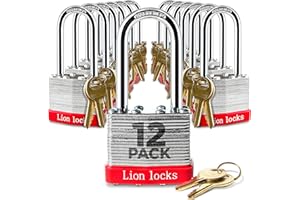 Lion Locks 12 Keyed Alike Padlocks with 2" Long Shackle, 24 Keys - Padlocks for Outdoor Use, Locks with Keys, Hardened Steel Case, Pick Resistant Brass Pin Cylinder for Hasp Latch, Locker, Gate