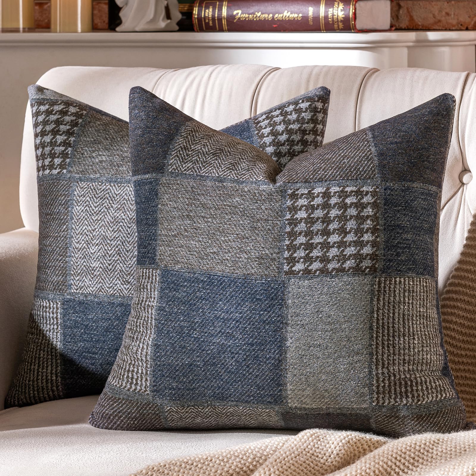 Photo 1 of AmHoo Set of 2 Throw Pillow Covers Woolen Patchwork Checkered Farmhouse Decorative Square Pillows Cover Pillowcase for Sofa Couch Bed 18 x 18-Inch Coffee