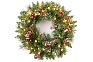 Amaoasis Pre-Lit Christmas Wreath, Decorated Frosted Berries, Pinecones, 50 LED Lights with Timer, Battery Operated, Holiday Decoration for Front Door, Outdoor 24 Inch