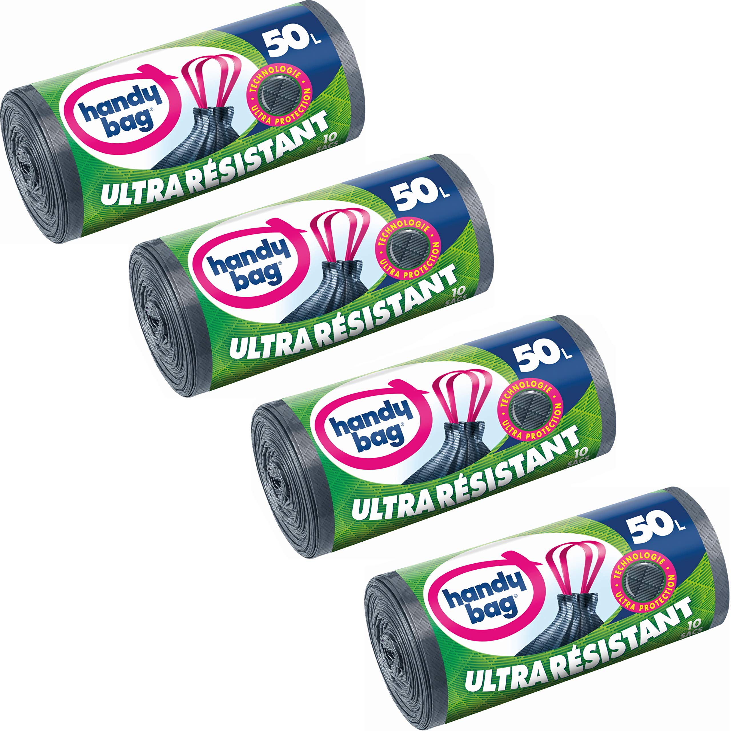 Handy Bag 4 Rolls of 10 Bin Liners 50 Litres with Drawstring Handles, Heavy Duty, Leak-Proof, 68 x 73 cm, Dark Grey, Opaque