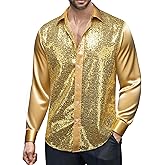 Barry.Wang Mens Disco Shirt Sequins Satin Shiny Metallic Long Sleeve Button Down Shirts 70s Vintage Cocktail Nightclub Rock