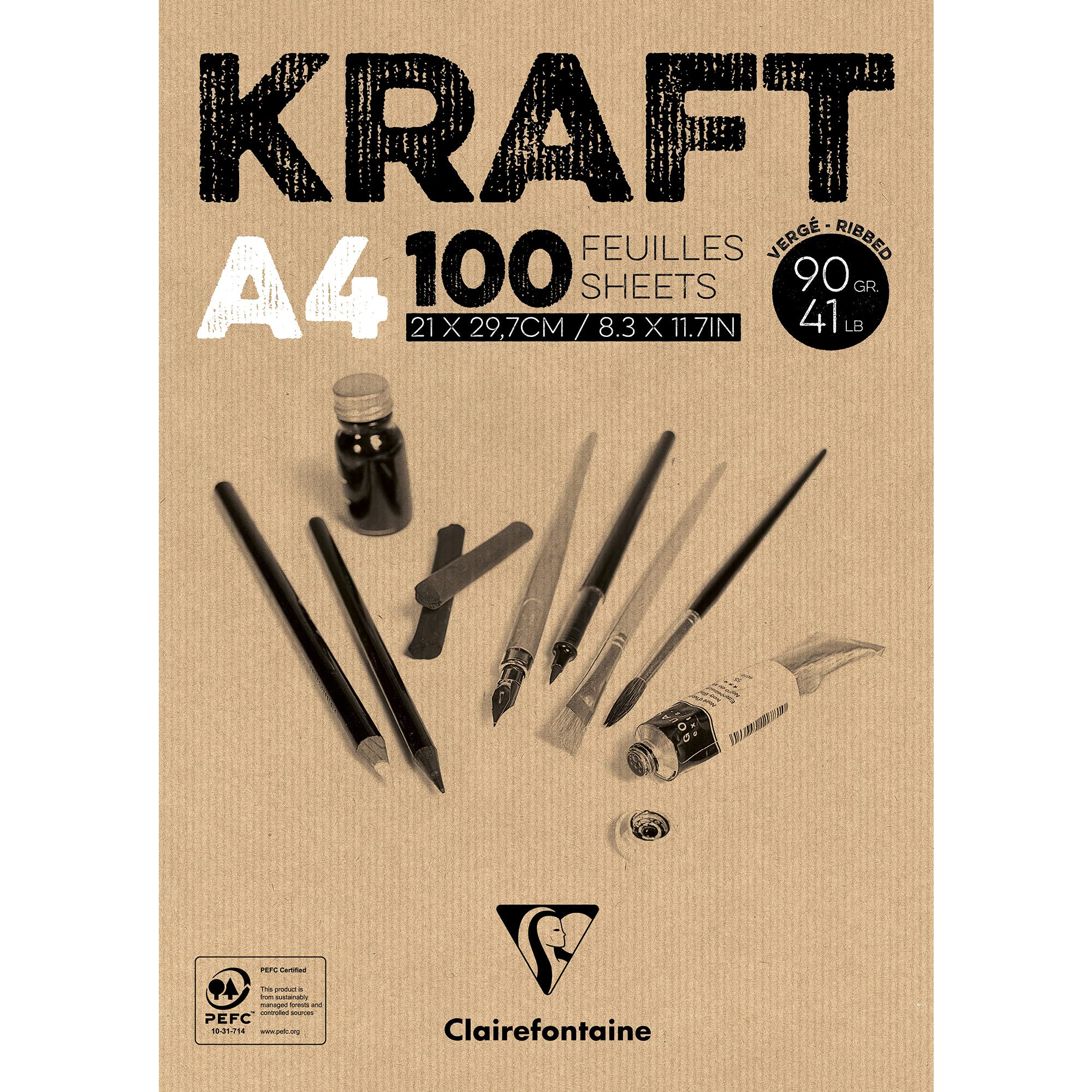 Clairefontaine - Ref 96545C - Kraft Glued Pad (100 Sheets) - A4 (297 x 210mm) Size, 90gsm Paper, Acid Free, pH Neutral - Suitable for Painting & Drawing - Brown