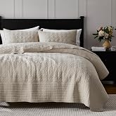 WDCOZY 100% Cotton King Quilt Bedding Set Beige with 2 Shams | Pre-Washed Thin Farmhouse Coverlet, King 106"x96" + 2 Shams 20"x36", Soft Lightweight, All-Season, Modern Striped Comforter