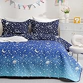JSD Blue Stars Kids Quilt Set Twin Size, 2 Piece Space Theme Boys Printed Bedspread Coverlet with Pillow Sham Quilted Blanket