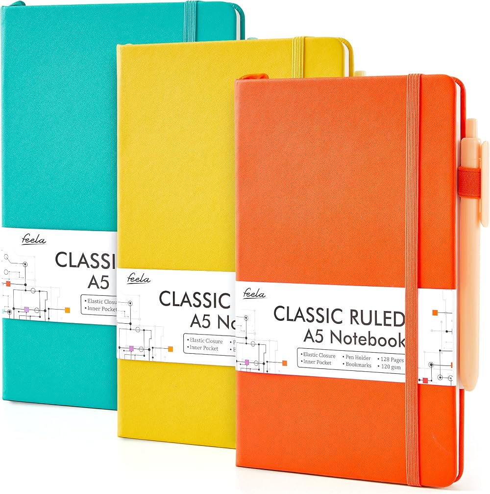 feela A5 Notebooks Multipack 3 Pack Ruled 128 Pages 21x13cm Yellow Orange