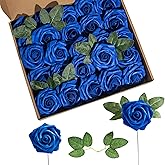 Lansdowns Artificial Flower Foam Rose 25pcs Real Looking Fake Rose with Stems Leaves for Home Decoration Party Garden Centerpieces DIY Wedding Bouquets(Royal Blue)