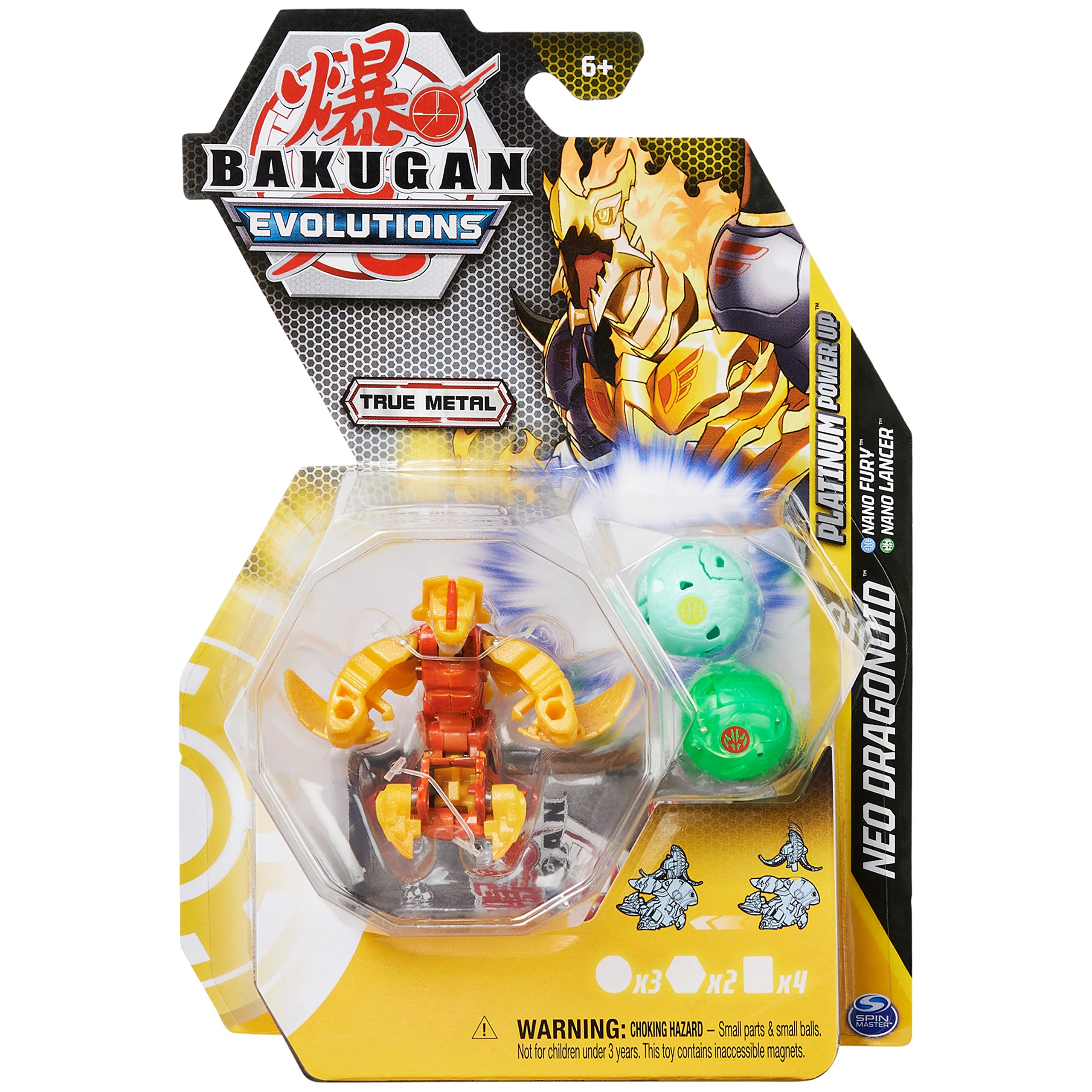 "Bakugan Evolutions, Neo Dragonoid with Nano Fury and Lancer Platinum Power Up Pack, True Metal Action Figure, 2 Nanogan, 2 Bakucore, 2 Ability Cards, Kids Toys"