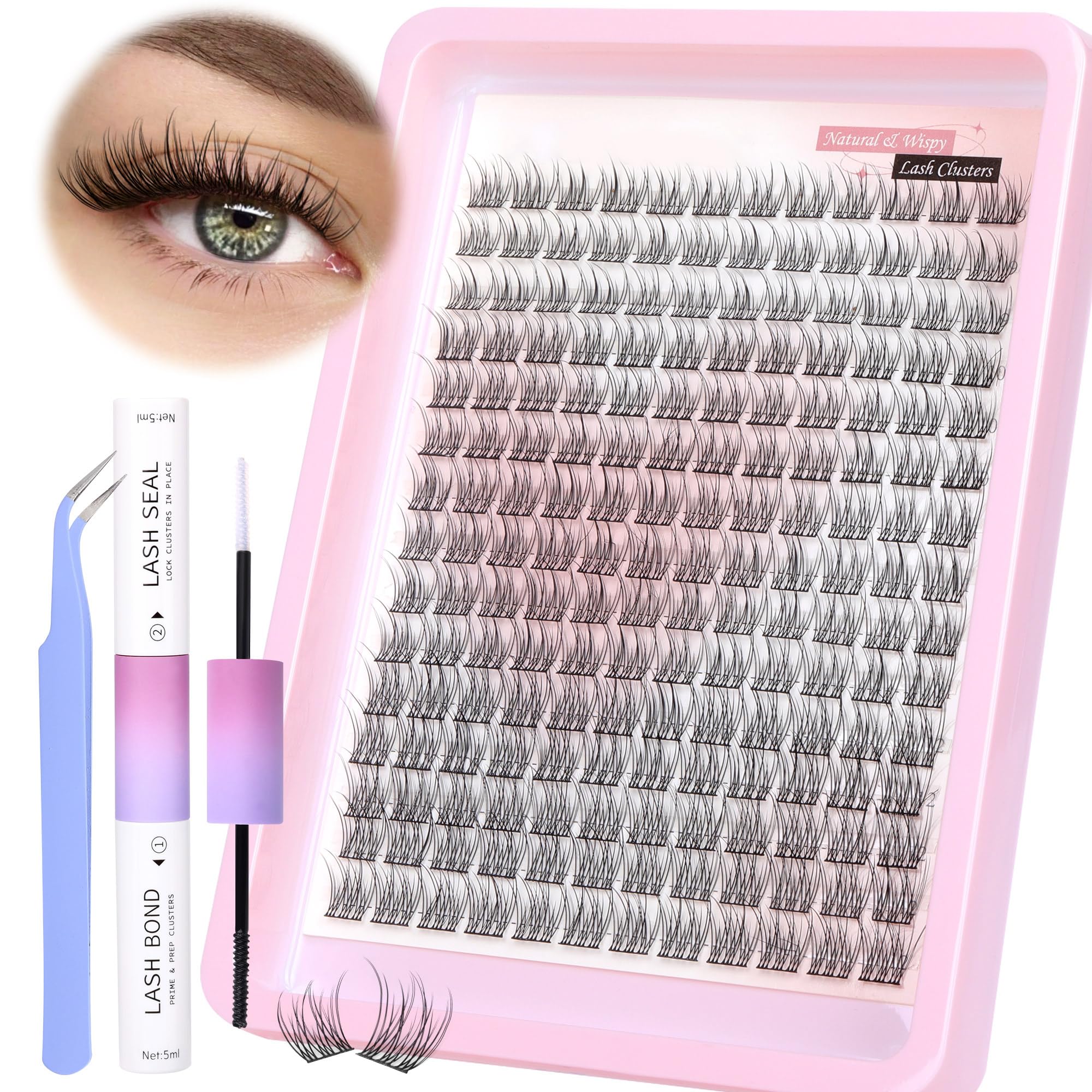 Wispy Lash Extension Kit 180Pcs Natural Cluster Lashes DIY Eyelash Extension Kit Fluffy C Curl Individual Lashes with Lash Bond and Seal and Lash Tweezers Lashes Individual Cluster, 9-12MM