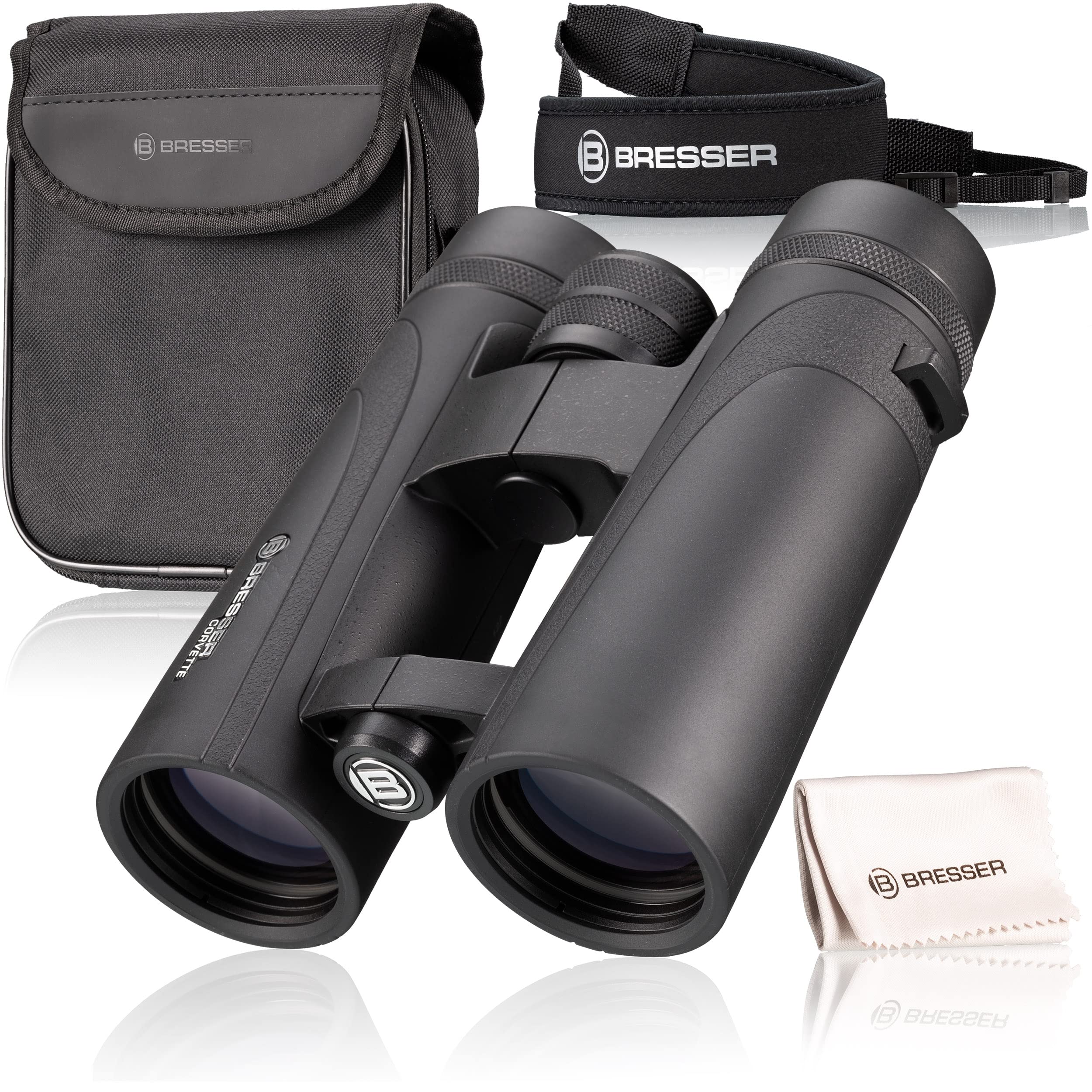 Bresser Corvette 10x42 waterproof binoculars with nitrogen filling, BaK-4 glass prisms, LE eyepieces for comfortable use, multi-layer coating and nylon carrying case