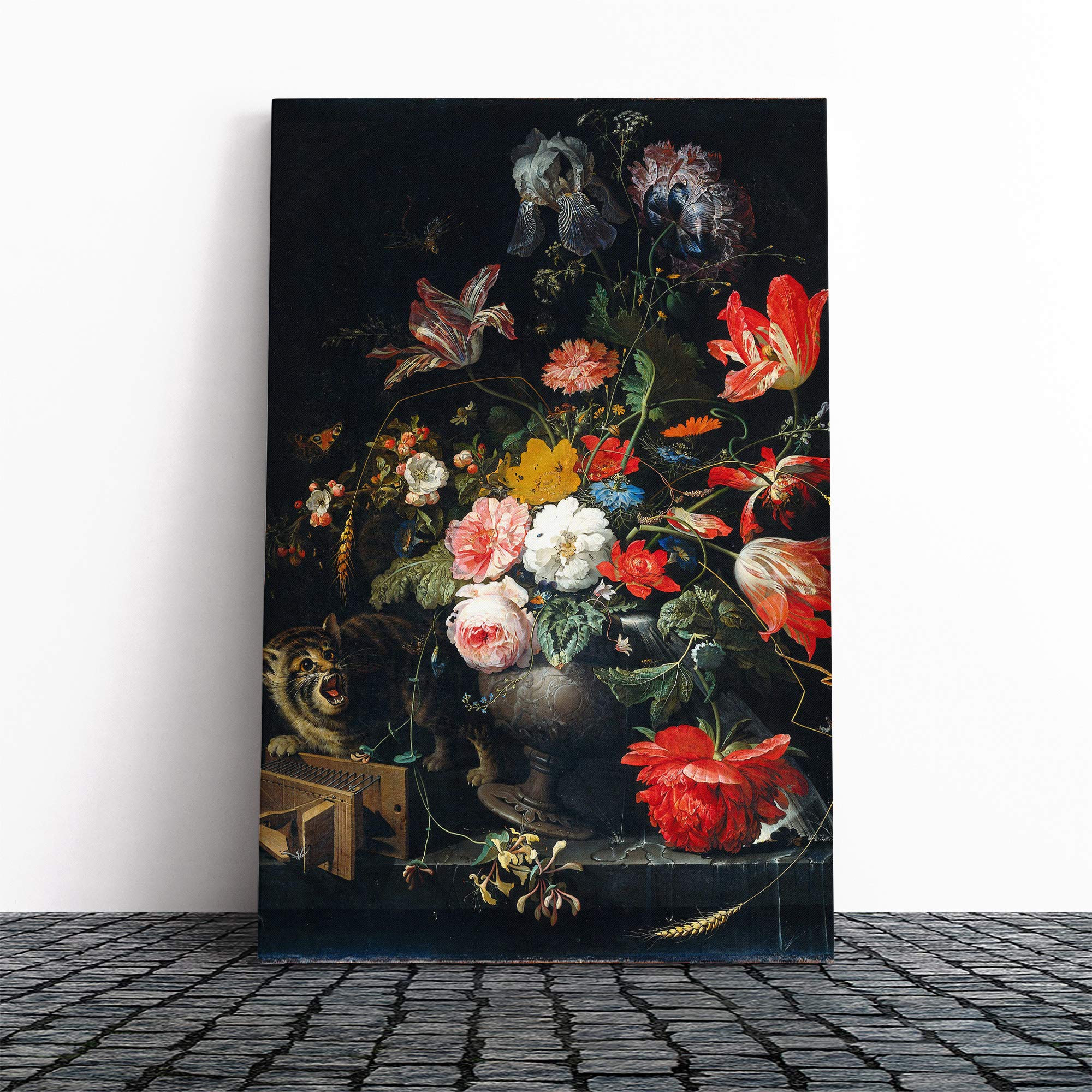Abraham Mignon Flowers Cat Canvas Print | Gallery Wrapped 30mm Frame Wall Art | 20x14 inches | Ready to Hang | Modern Animals Picture | Living Room Bedroom Lounge Office