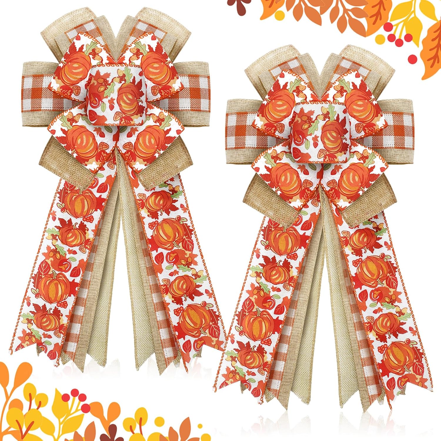 Bows & Ribbons - Zeyune 2 Pcs Large Fall Wreath Bows Thanksgiving Bows Pumpkin Maple Leaves Bows Plaid Burlap Bows for Wreaths, Fall Ribbon Bows Orange Buffalo Plaid Bow for Home Indoor Outdoor Decor 18 x 10 in