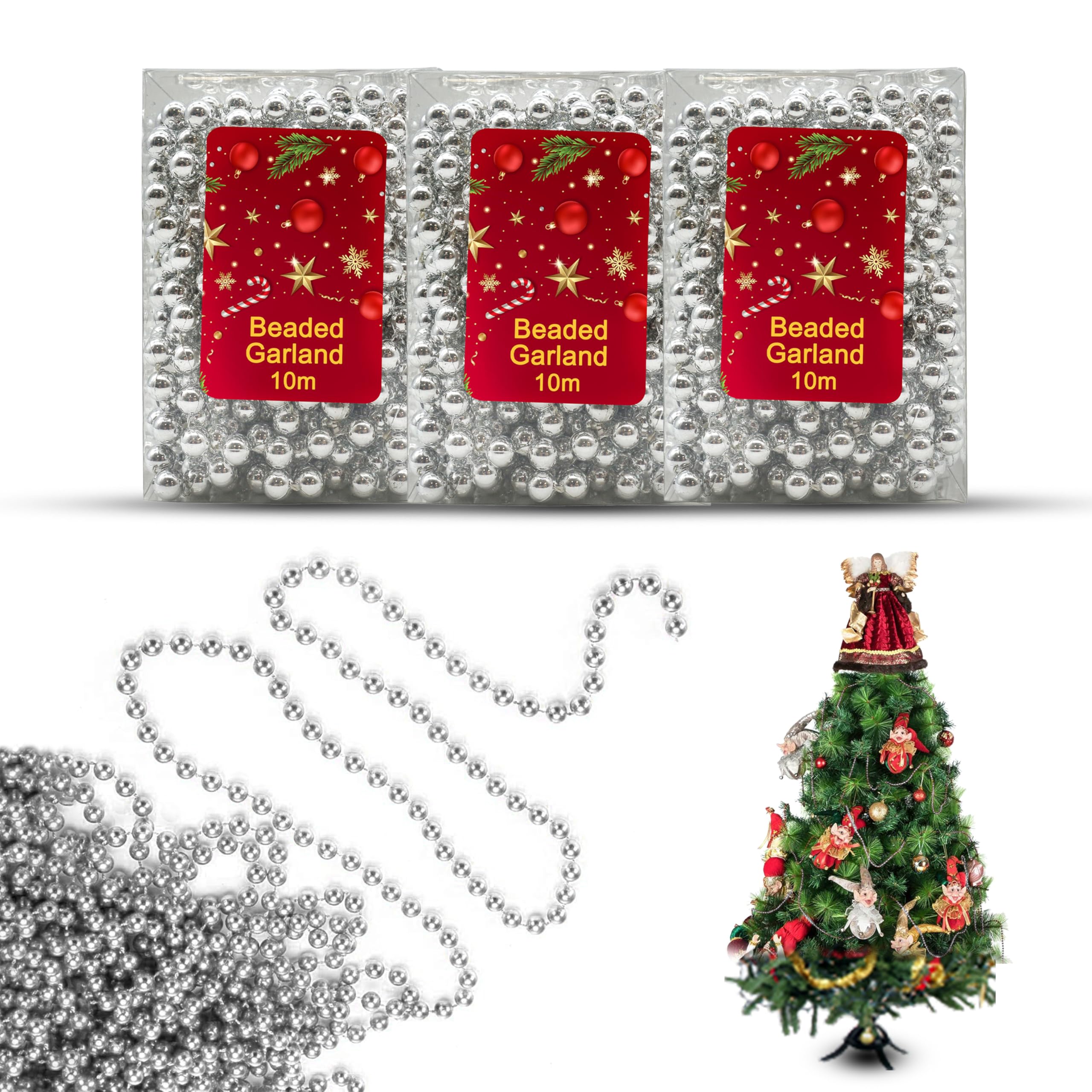 3x Silver 10M Christmas Bead Chains, Luxury Plastic Garland for Xmas Tree Ornaments, Shiny Shatterproof Bead Garland, Party Decor, Traditional Luxury Holiday Decorations