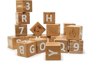 Kinderfeets: Bamboo ABC Blocks - 18pc Set, Build & Stack Toy, Blocks with Letters-Numbers-Symbols, Count & Categorize, Toddler & Kids Ages 12mo+