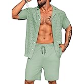 URRU Men's 2 Piece Short Set Beach Vacation Outfits Casual Summer Short Sleeve Button Down Shirt and Shorts Set