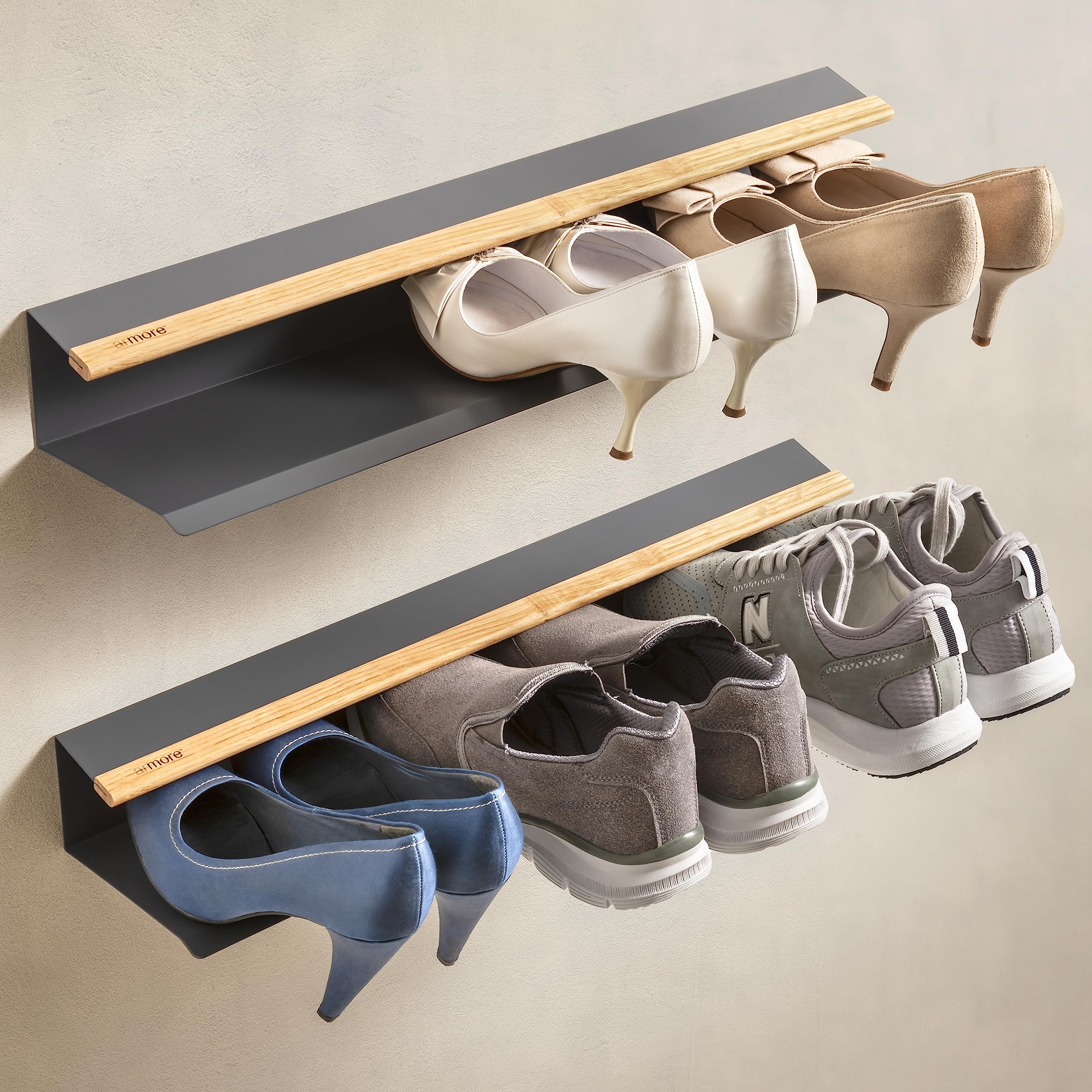 Armore Modern Space Saving Slim Shoe Rack Wall Hanging Entrance Metal Wood with 1 Shelf for up to 3 Pairs of Shoes Storage, Heavy Duty Slim Open Shelf (Slate Grey x 2)