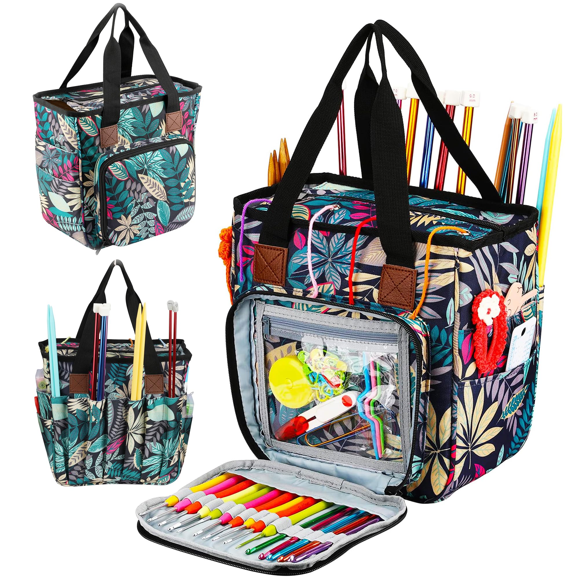 JOZEA Yarn Storage Portable Bag, Normal Capacity Knitting Projects Organizer for Yarns, Crochet Hooks, Knitting Needles (Green)