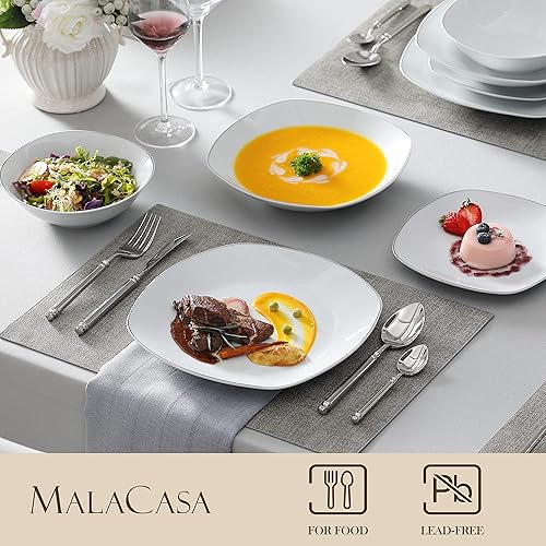 MALACASA Dinnerware Sets, 24 Piece Porcelain Square Dishes, White