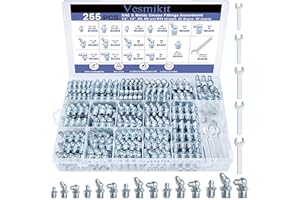 VESMIKIT 255PCS Grease Fittings Assortment,SAE & Metric Grease Zerk Fittings 1/4" 1/8" M6 M8 M10 straight 45 90 degree with Wrench Kit(7-11mm) for Grease Gun,Fit Tractor Vehicle Excavator Trailer Equipment