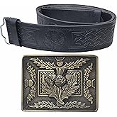 Kilt Belt and Buckle Set, Scottish Thistle Embossed Belt with Antique Celtic Trinity Buckles Pewter - Kilt Belts for Men