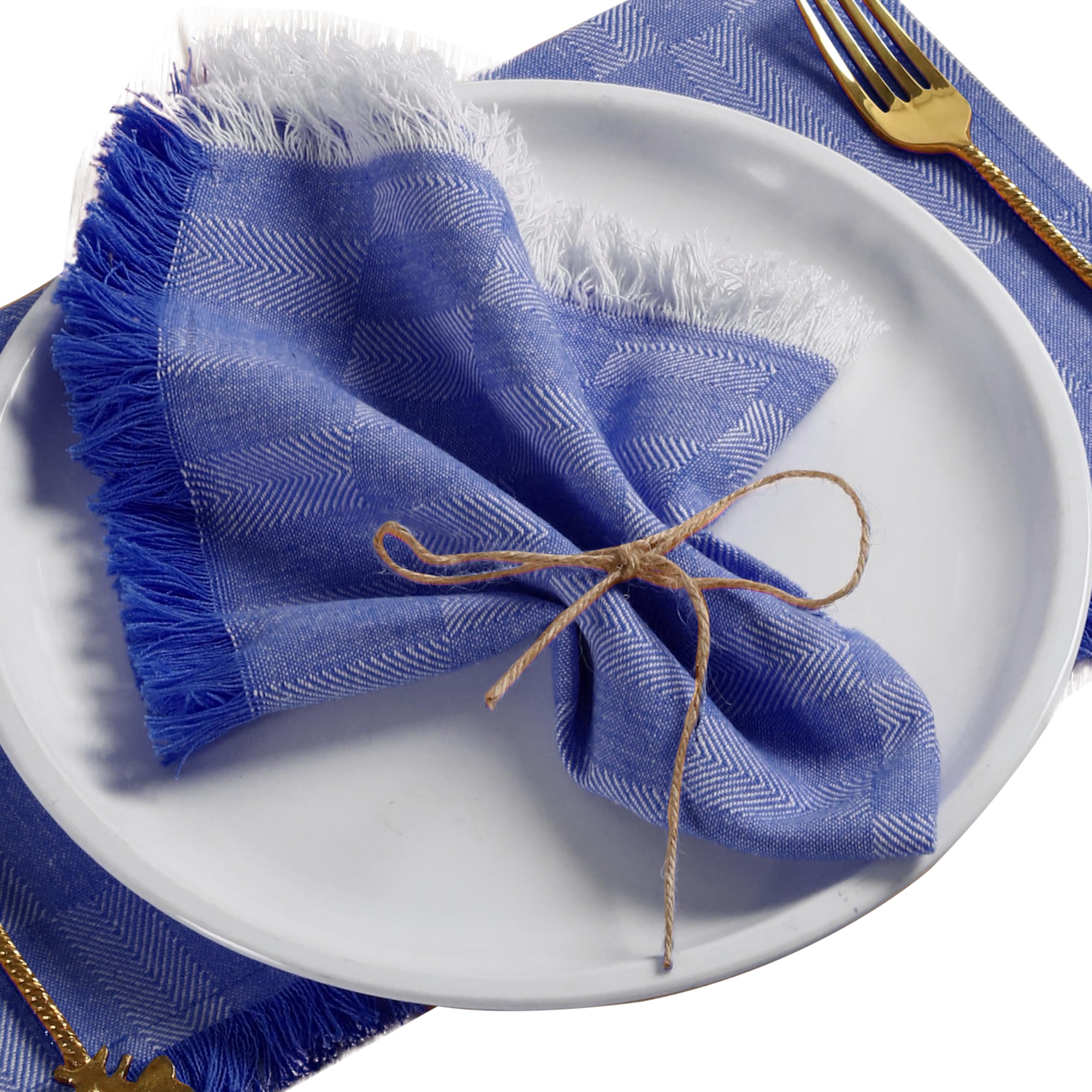 Native Fab Herringbone Table Cloth Dinner Napkins bulk, 40x40 cm, Set of 4, 100% Cotton Soft Washable Decorative Napkins with Fringes for Family Dining, Lunch, Wedding, Event, Party - Ink Blue