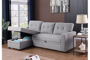 YOPTO Sleeper Sectional Sofa with Storage Chaise and Pull-Out Bed, Living Room L-Shape Convertible Couch for Home, Apartment, Office, Light, 82 x 53 x 34.5 in, Dark Gray