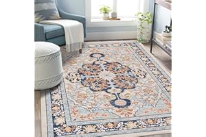 U'Artlines Boho Vintage Area Rug 5x7 Machine Washable Low Pile Soft Floor Carpet Non Slip Non Shedding Accent Rug for Living Room Bedroom Entryway Dining Room Office Orange＆Blue