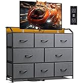 WLIVE Dresser TV Stand with Power Outlets, Led Dresser for Bedroom, Fabric Chest of Drawers with Double Open Shelves, Wood Top, Steel Frame, 6 Drawer Dressers for Closet, Living Room, Dark Grey