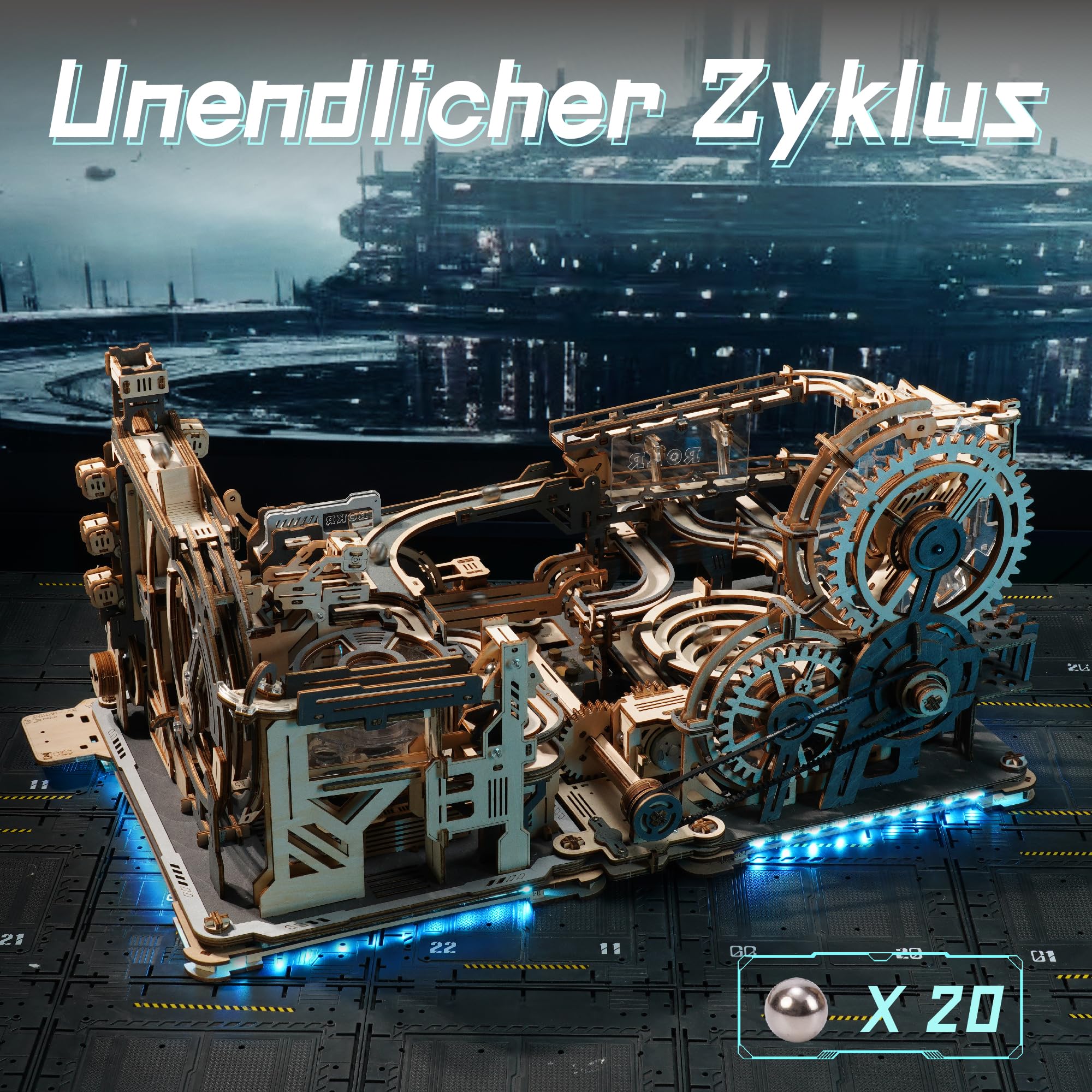 ROKR Kugelbahnen Kombi-Set 3D Puzzle Erwachsene Modellbausätze Geschenkidee für Männer Marble Spaceport & Night City & Link Pack 3