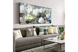 CANEITO Lotus Flower Wall Art for Bedroom, White Teal Floral Picture Wall Art for Girls Room, Vintage Floral Watercolor Painting Wall Art for Living Room Home Office, 24x48 Inch