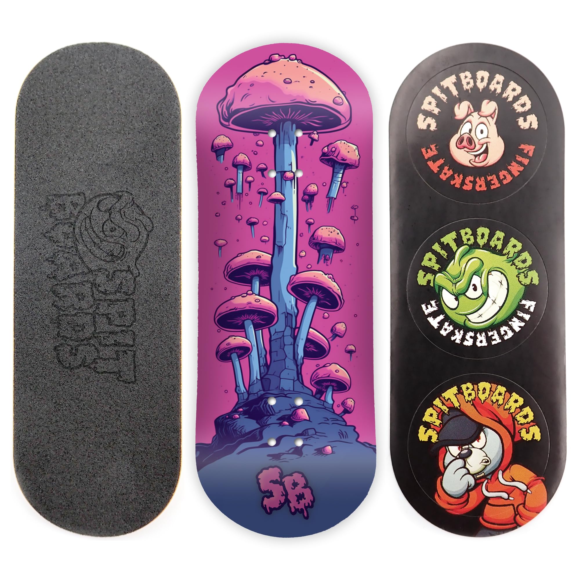 SPITBOARDS 34 mm Fingerboard Deck - Real Wood (5-Layers) Classic Popsicle Street Shape - Size: 34 x 96 mm - Single Graphic Deck (Real Wear) - Optimised Concave - Alien Mushrooms