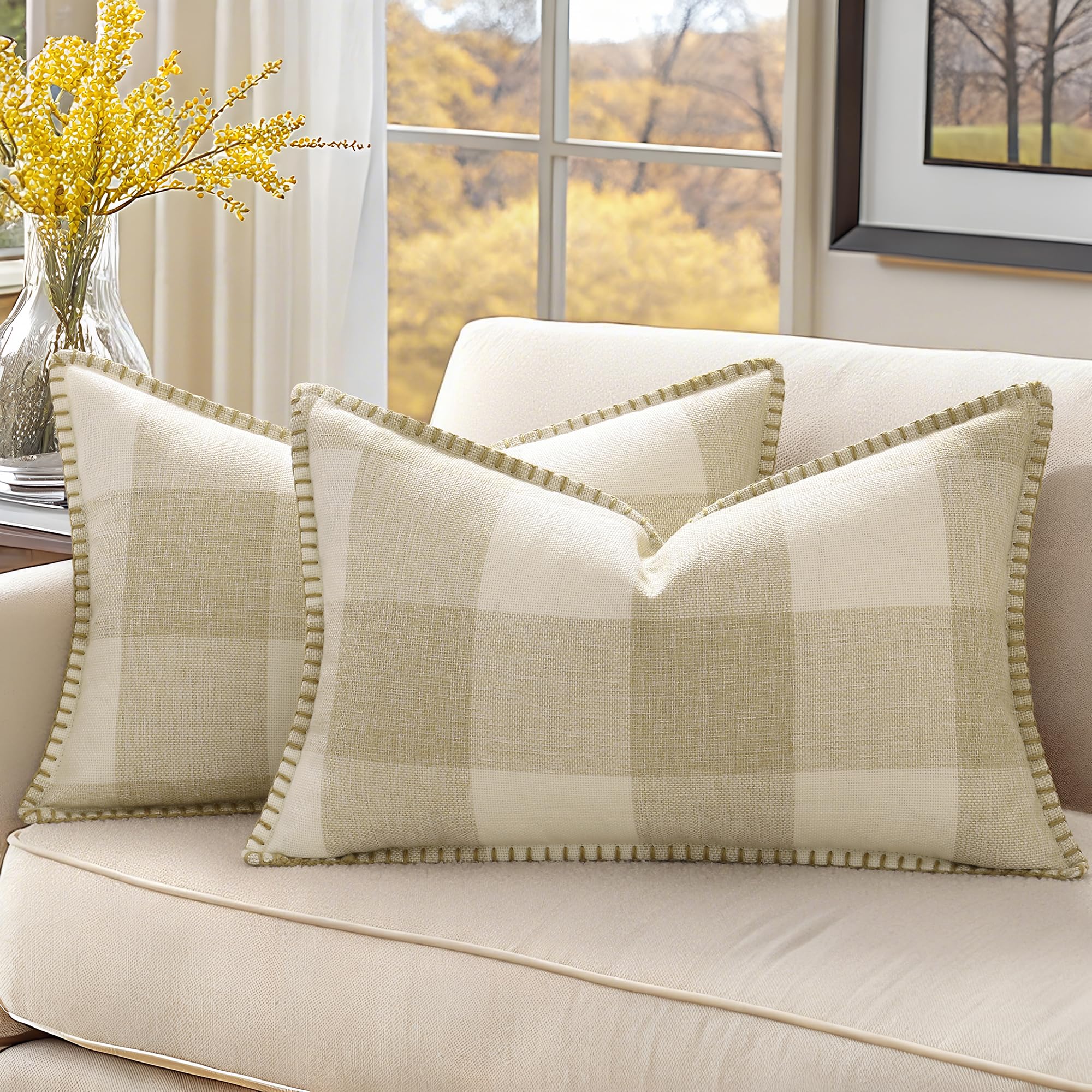 decorUhome Buffalo Check Plaid Cushion Covers Linen Farmhouse Trimmed Edge Decorative Cushion Covers for Sofa 30x50cm, Cream White and Beige, Set of 2