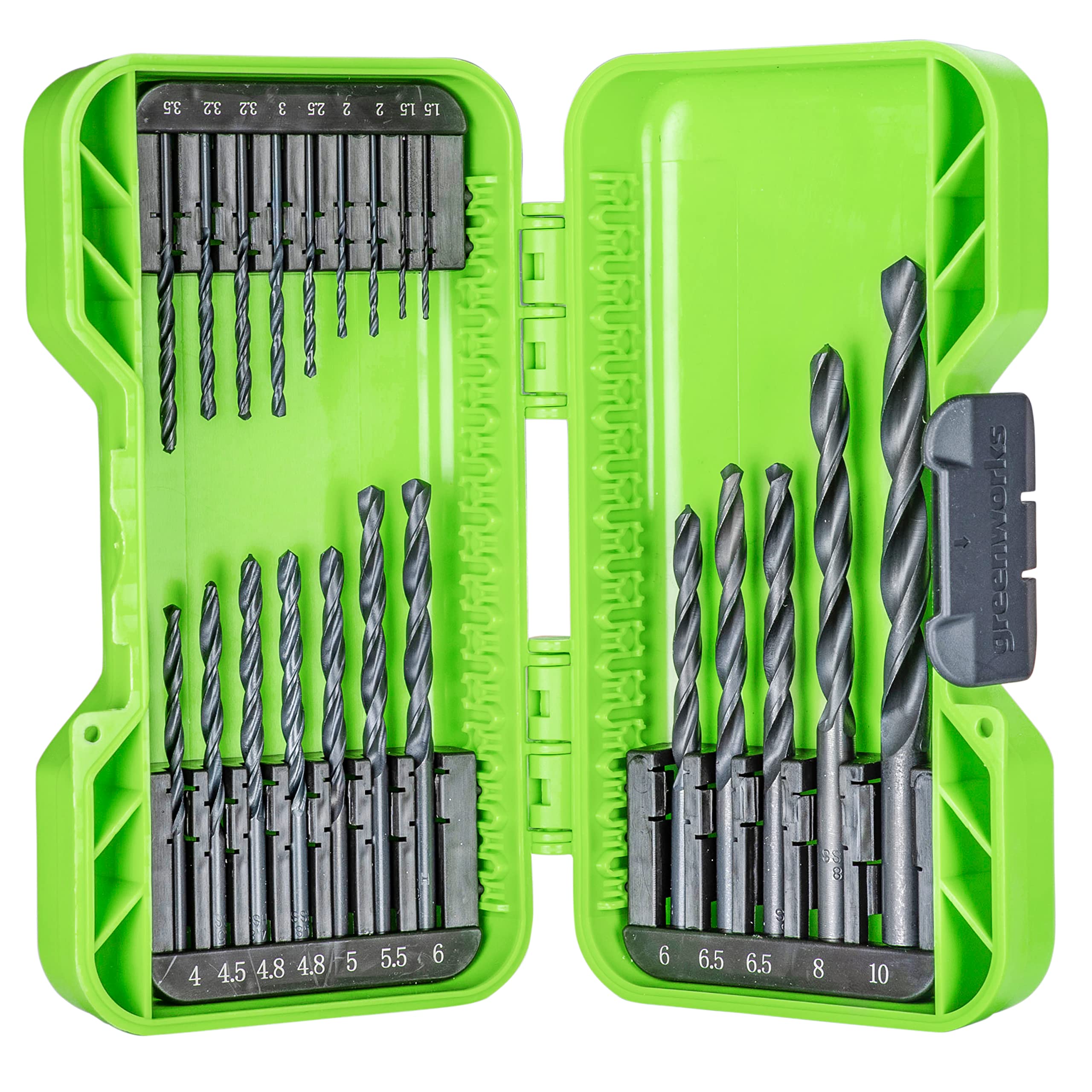 Greenworks Drill bits HSS 135° with Split tip (extensive Set of 21 bits of Black Oxide of 1.5 mm to 10 mm Suitable for All Drills and Cordless Screwdrivers)
