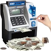 Kids ATM Piggy Bank with Debit Card &amp; Onekey Door Opening for Real Money | Money Box for Boys and Girls, Code Lock, Fingerprint Key, 2 Ways to Open, Counts Coins, Enter Bill Amount, Gift for Ages 3+