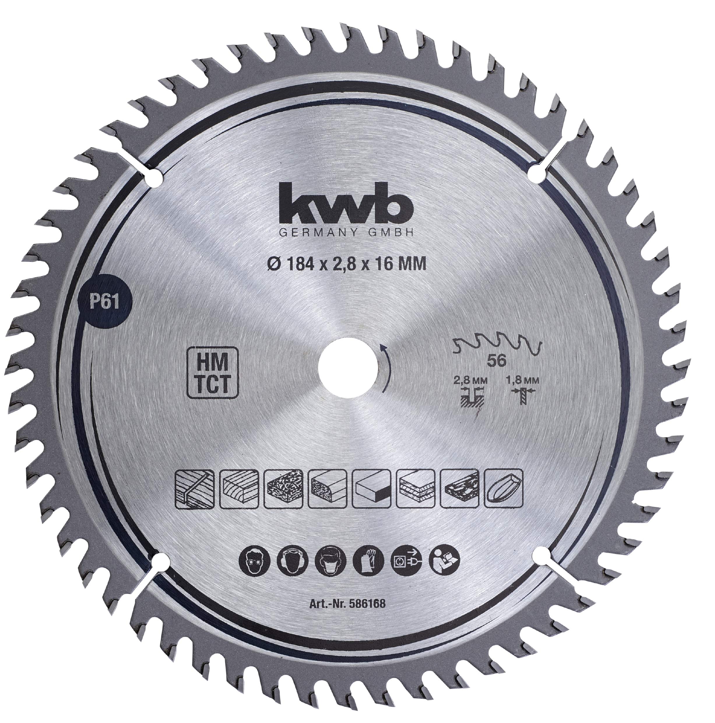 kwb 586168 Joiner's Circular Saw Blade, Wood/Hardwood, 184 x 16 mm cuts, high Number, 56 Teeth Z-56, Precision Saw Blade fine, 184 x 16