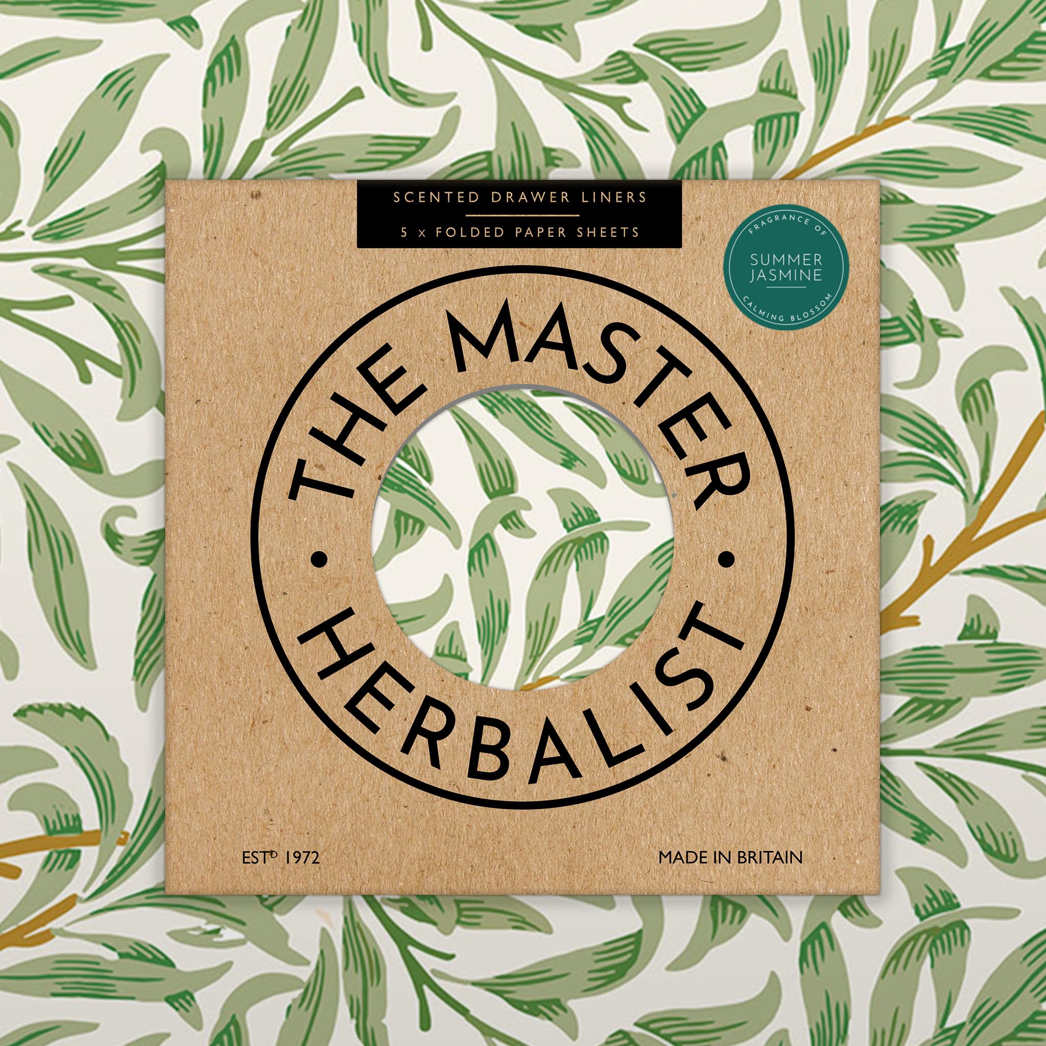 The Master Herbalist Fragrant Scented Drawer Liners in a William Morris Inspired Design | Pack of 5 Sheets (60cm x 42cm) | Contains Essential Oils | Made in The UK (Summer Jasmine Willow)