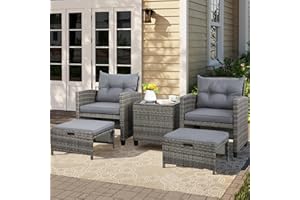 Vongrasig 5 Piece Patio Furniture Set, Small Balcony Furniture, PE Wicker Rattan Patio Chairs Set of 2, Outdoor Lounge Chairs with Cushions Ottomans &Glass Table for Porch Garden(Light Grey)