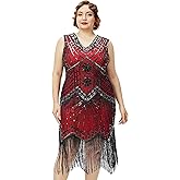 BABEYOND Women's Plus Size Flapper Dresses 1920s V Neck Beaded Fringed Great Gatsby Dress