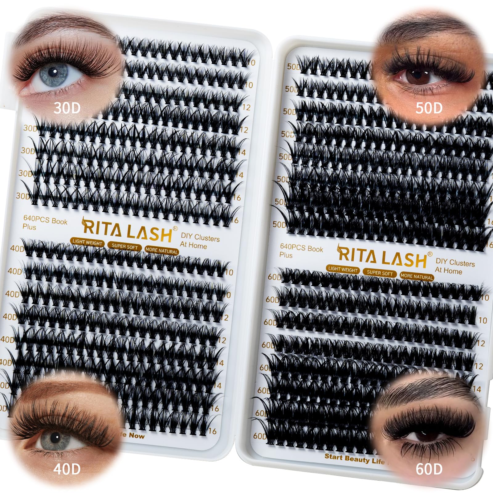 RITALASH 640PCS 4 Style Cluster Lashes Book Individual Lashes Clusters Eyelash Extensions False Eyelashes DIY Wispy Fluffy Lash Extension Kit Natural Look (30D+40D+50D+60D cluster lash book) — image 1