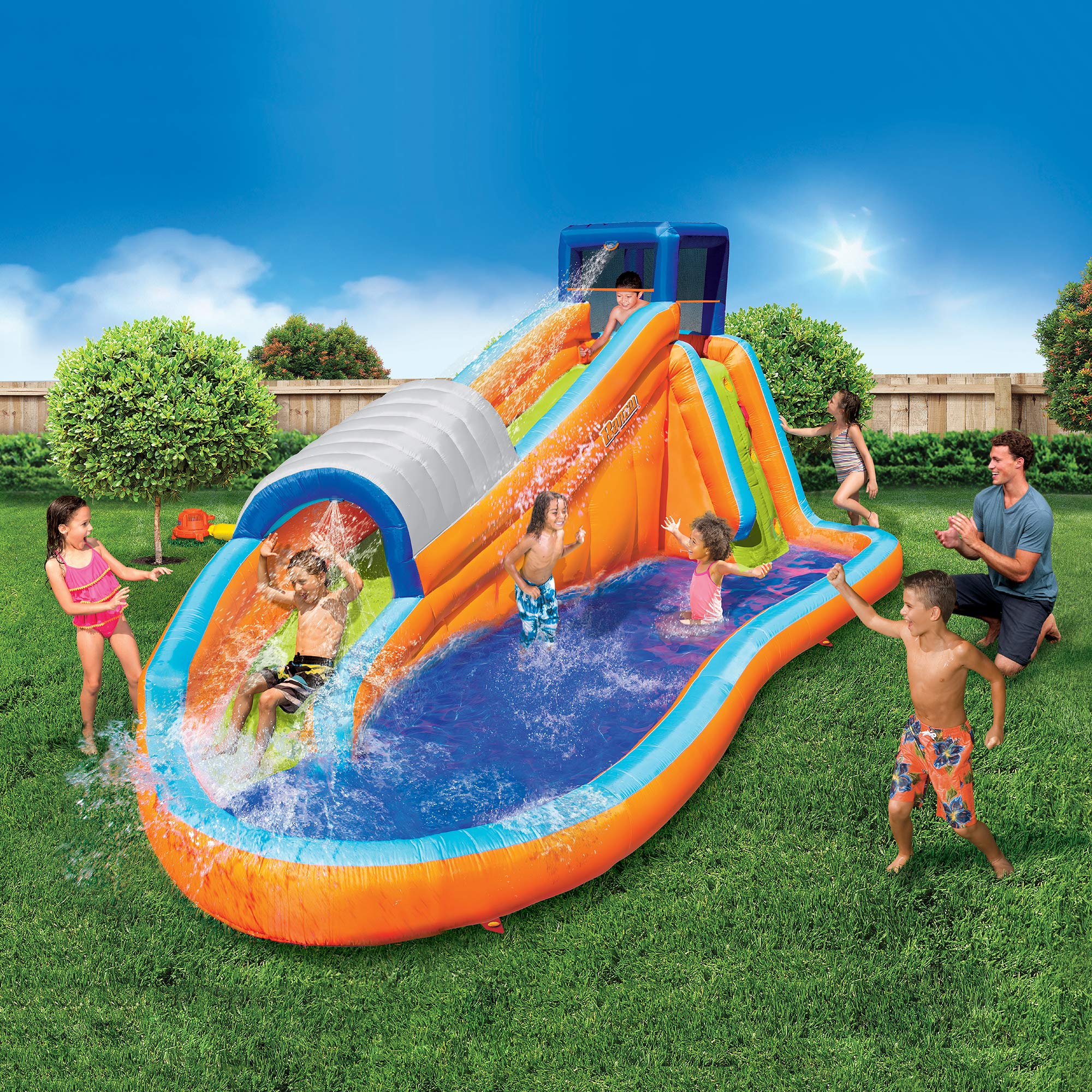 Banzai Surf Rider Kids Inflatable Outdoor Backyard Aqua Water Slide Splash Park with Climbing Wall, Tunnel Slide, and Lagoon Splash Pool for Ages 5-12
