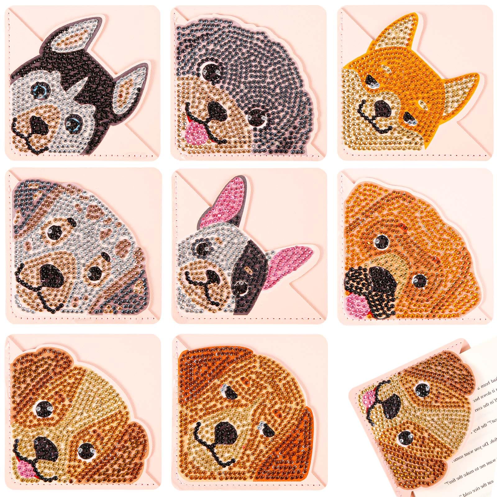 SAVITA 8pcs Diamond Art Corner Bookmarks, PU Leather Triangle Bookmark 5D Diamond Bookmarks Kit DIY Diamond Art Bookmarks for Book Lover Art Craft Making (Dog Pattern)