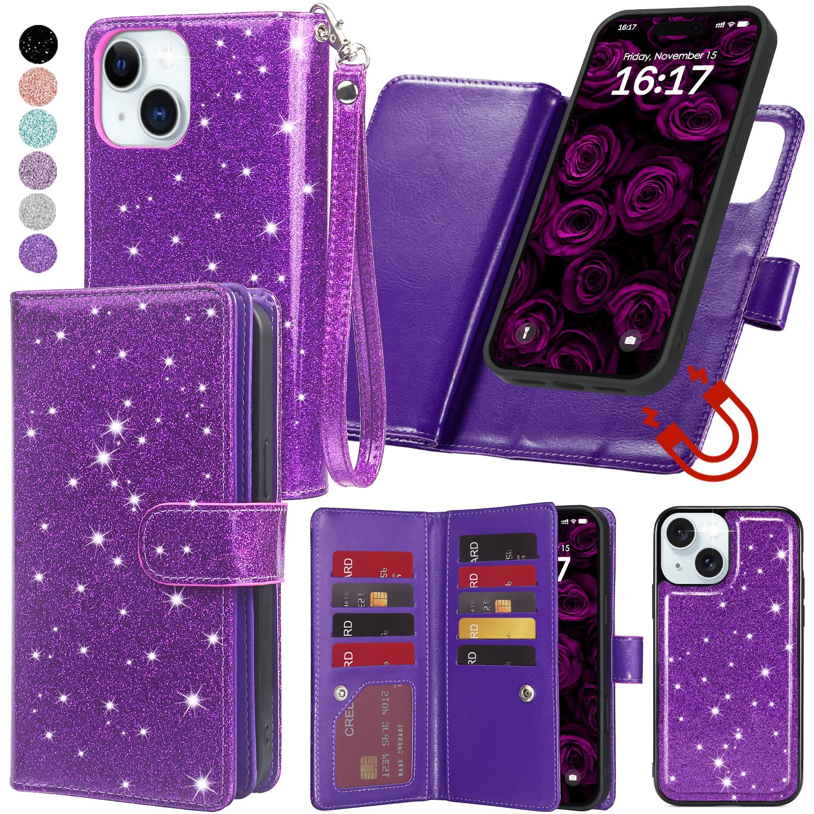 Photo 1 of Varikke for iPhone 15 Plus Wallet Case Detachable with Card Holder for Women, Fashion Glitter Leather Strap Strong Magnetic Flip Wallet Removable Phone Case Cover for iPhone 15 Plus 6.7", Dark Purple