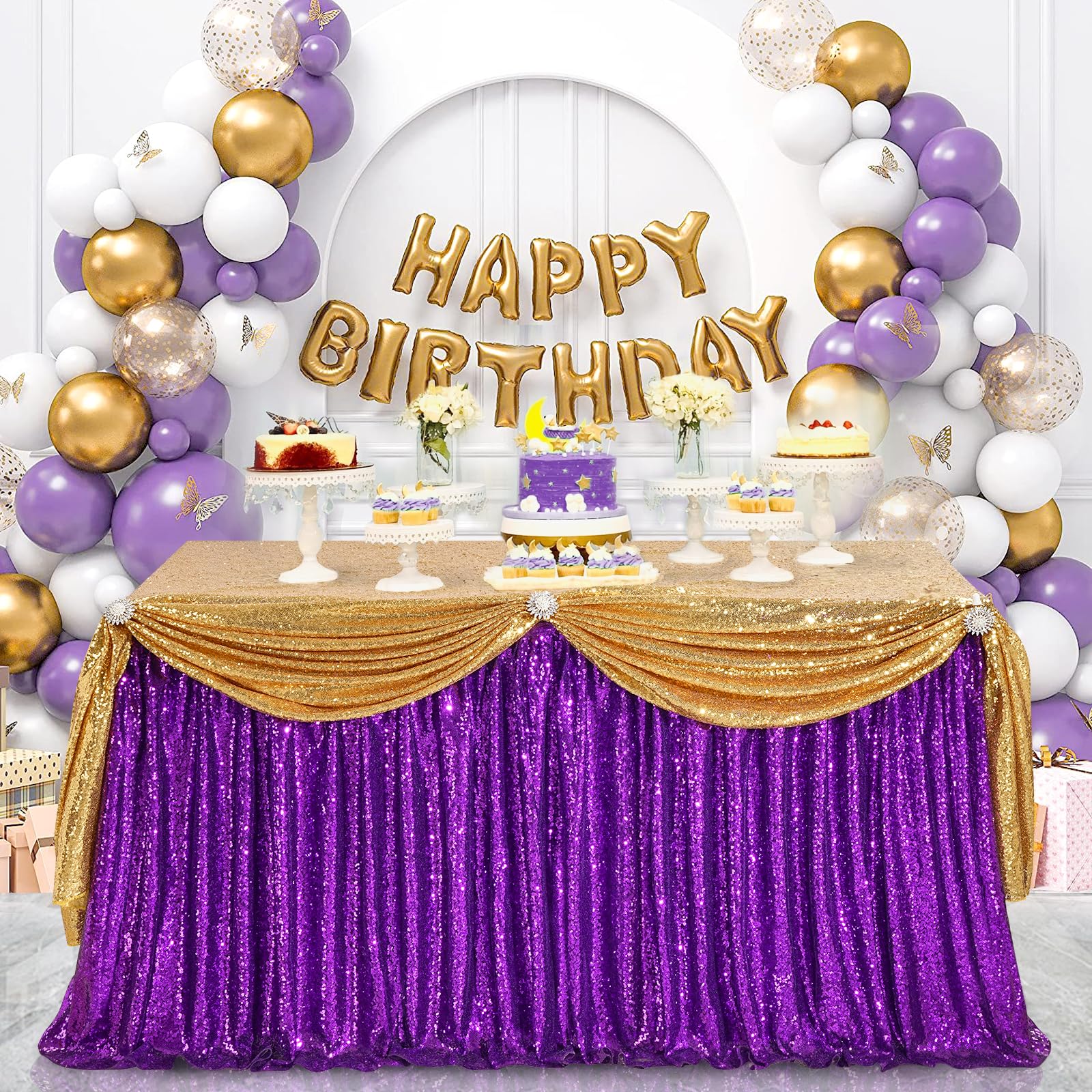 9ft Purple Table Skirts for rectangle Sequin Table