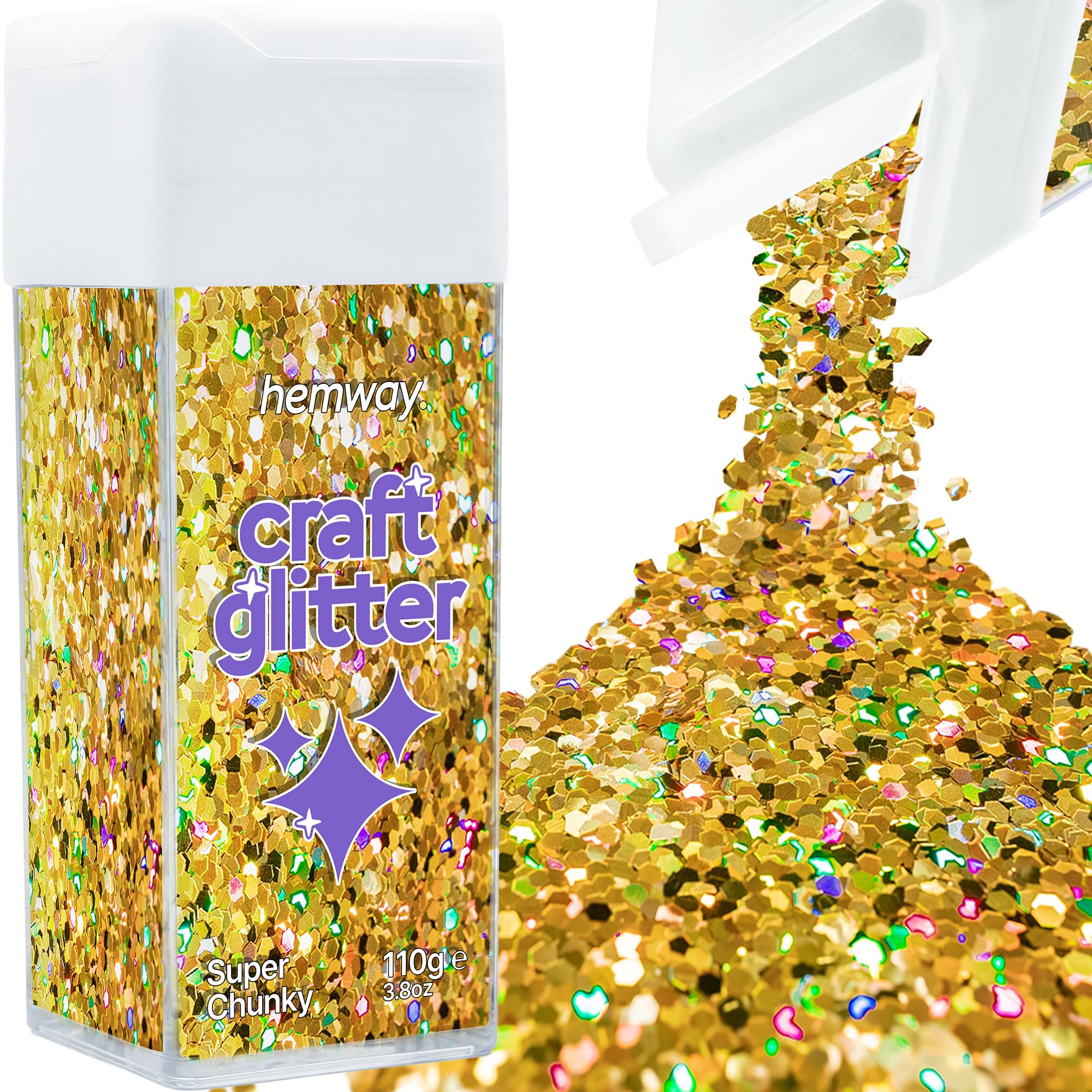 Hemway Glitter Shaker Gold Holographic 110g Super Chunky, Craft Glitter Shaker for Resin & Epoxy Crafts, Christmas Art Supplies, Nail, Body, Face, Eye, Festival, Crafting, Slime, Sparkle