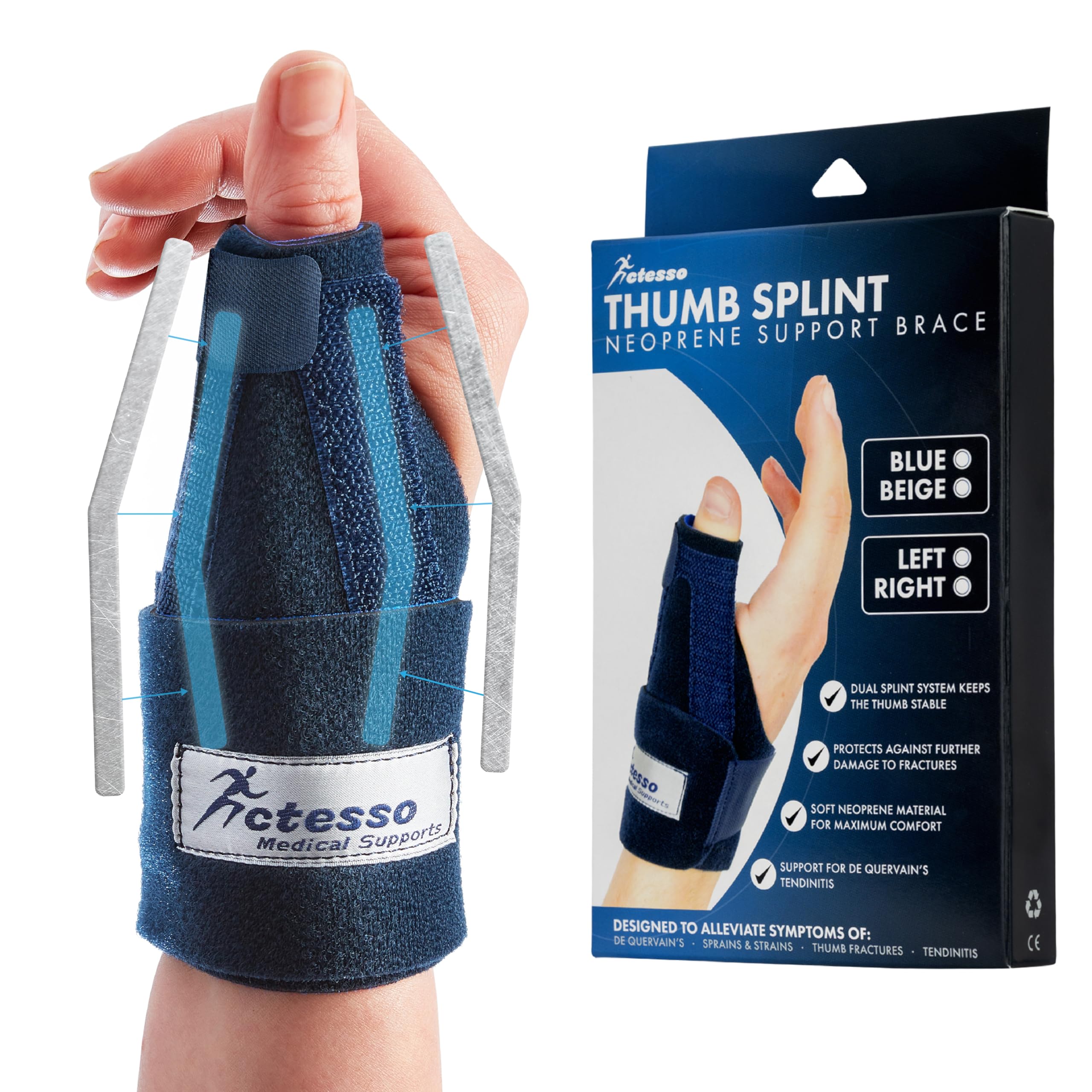 Actesso Neoprene Thumb Splint Brace – Support & Relief from Injury, Wrist Tendonitis, De Quervain's, Arthritis, Trigger Thumb & Sprains | Left or Right Spica (Blue, One Size, Right Hand)